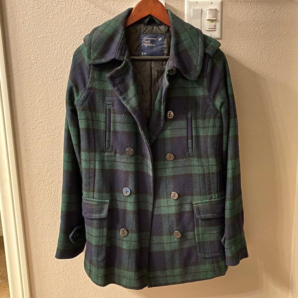 American eagle wool coat size small navy and green plaid.
